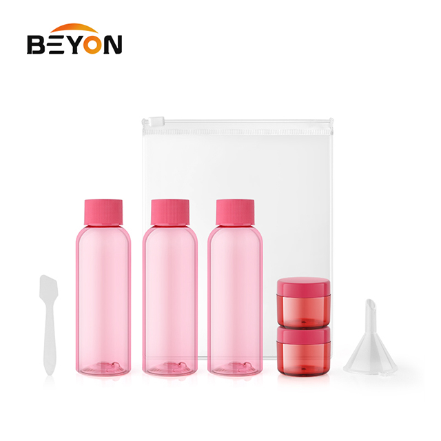 Popular Fast Delivery Custom 5Pcs Travel Plastic Bottle Jar Set Kit With Lotion Pump Spray In Plastic Bag