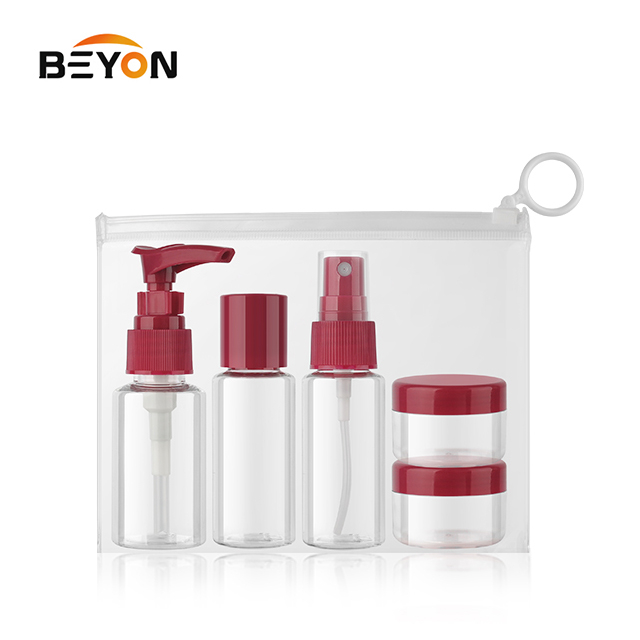Fast Delivery Custom 5Pcs Travel Plastic Bottle Jar Set Kit With Lotion Pump Spray In Eva Bag