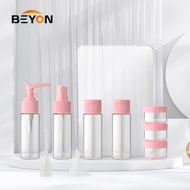 makeup travel cosmetic plastic pet bottle 7pcs in one travel shampoo bottle set and bule and pink spray bottle set