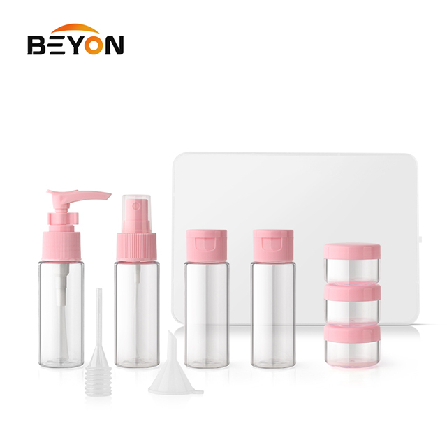 makeup travel cosmetic plastic pet bottle 7pcs in one travel shampoo bottle set and bule and pink spray bottle set