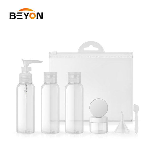 Fast Delivery Custom 5pcs travel plastic bottle jar set kit with plastic lotion pump spray bottle in bag
