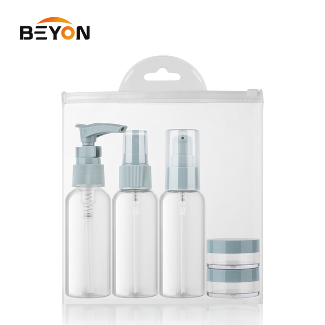 Custom 5Pcs Travel Plastic Bottle Jar Set Kit With Lotion Pump Spray