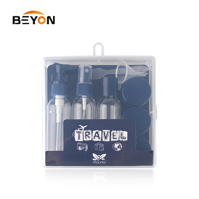 Custom 7pcs travel plastic bottle jar set kit PET with plastic lotion pump spray bottle Cream Jar