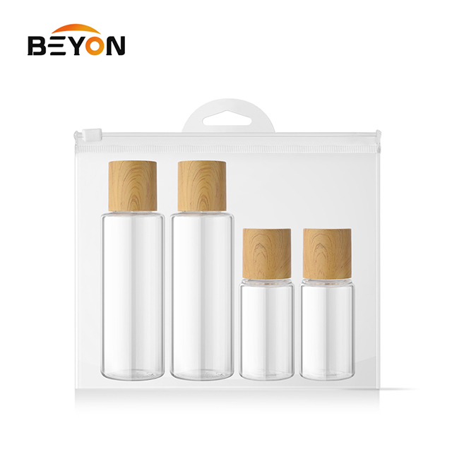 cosmetic bottle set lotion pump toner bottles set with wood grain lid